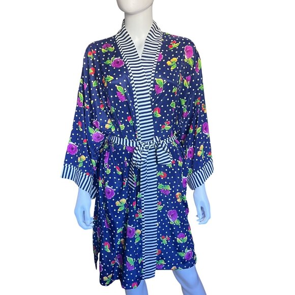 Victoria’s Secret Vintage Gold Label Floral Kimono Robe w/ Striped Trim Sz Large - Picture 1 of 10